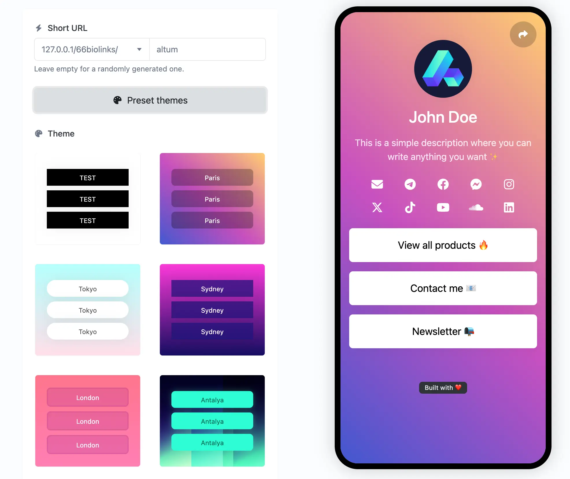 لقطة شاشة لصفحة تحرير بيو لينك في التطبيق
